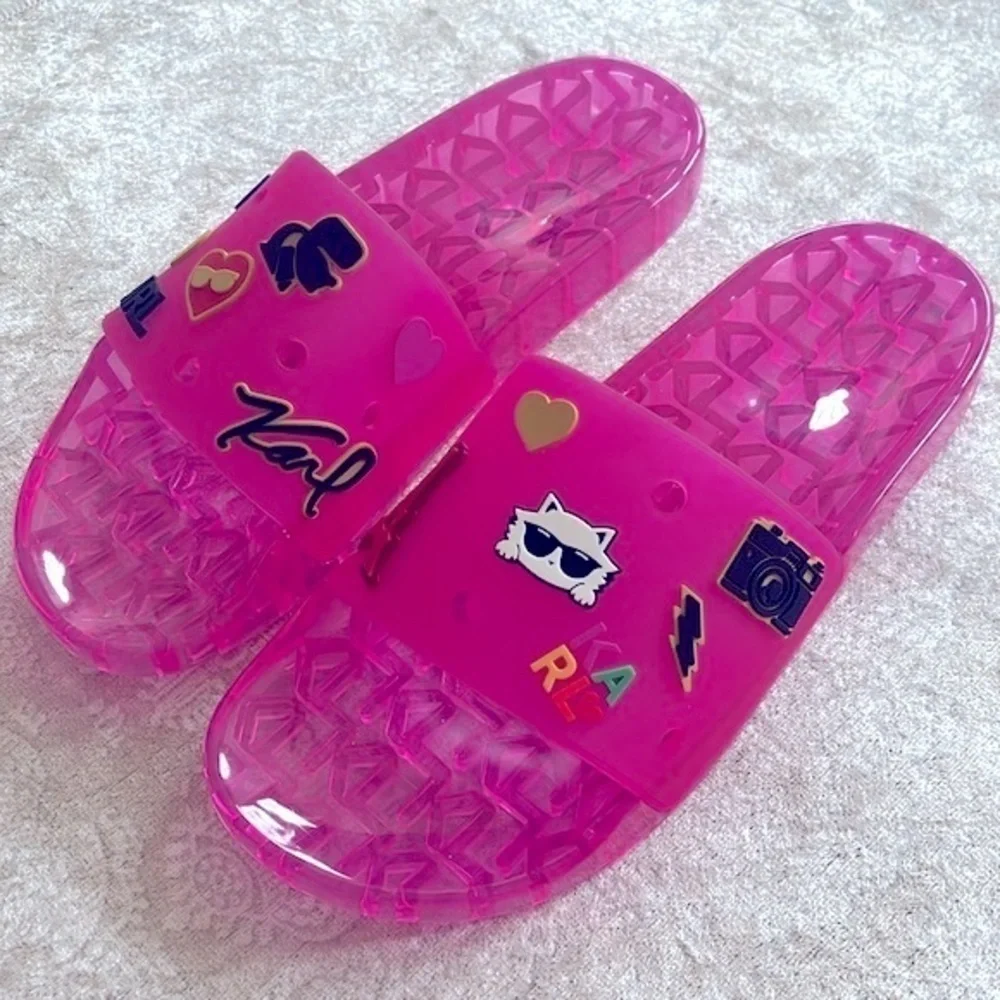 Brand New Karl Lagerfeld Paris Thea Jelly Pool Slides Embellished Pink Sandals - Picture 4 of 16